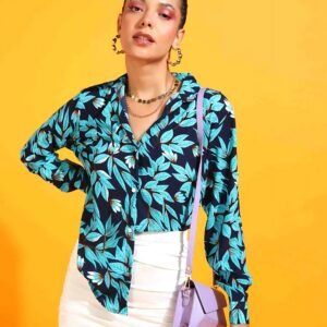 Navy Blue Leaf Print Full Sleeve Shirt