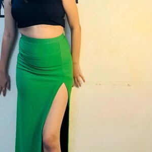 Black Tank Crop Top & Green Rib Long Skirt