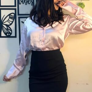 Light Pink Satin Shirt & Black Hosiery Skirt