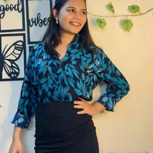 Navy Blue Print Full Sleeve Shirt & Black Hosiery Skirt
