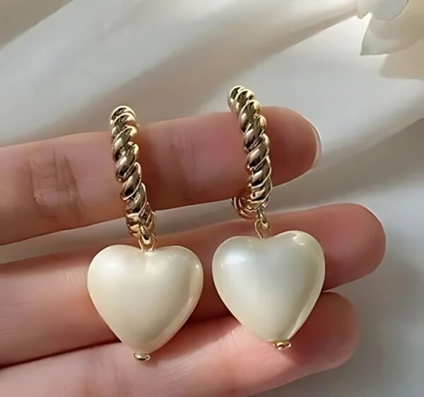 Pearl Heart Drop Gold Hoop Earrings