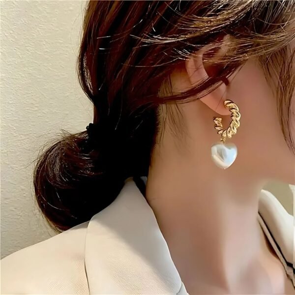 Pearl Heart Drop Gold Hoop Earrings