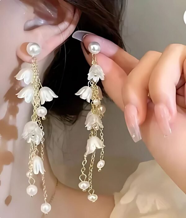 White Flower Earrings Long Earrings Pearl Drop