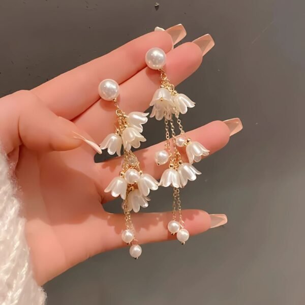 White Flower Earrings Long Earrings Pearl Drop