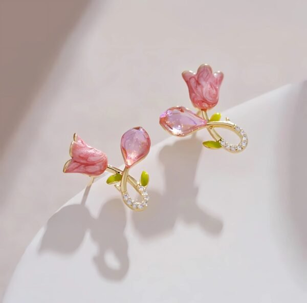 Cute Pink Tulip Crystal Stud Earrings