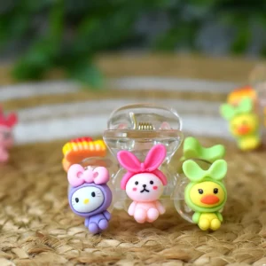 Pastel character hair clips set of 4 featuring Hello Kitty, bunny, teddy and duck characters on woven mat