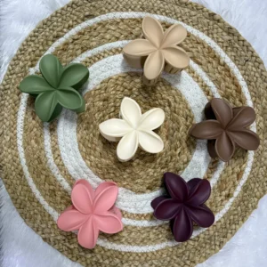 Earthy tone flower hair claw clips set of 4 on jute mat - olive, cream, tan, brown, beige, pink, plum.